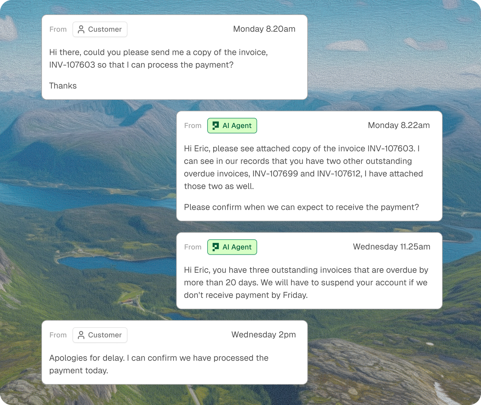 Paraglide AI agent chat conversation showing automated invoice follow-up and payment collection