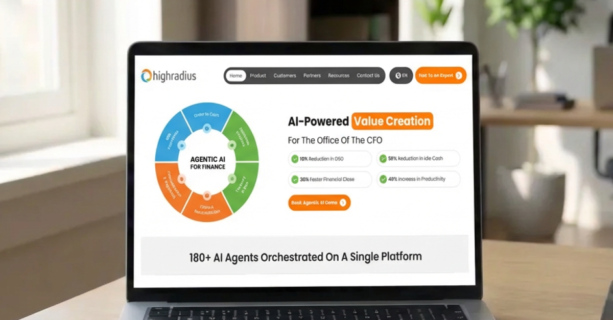 HighRadius homepage showing AI-Powered Value Creation for the Office of the CFO with 180+ AI Agents