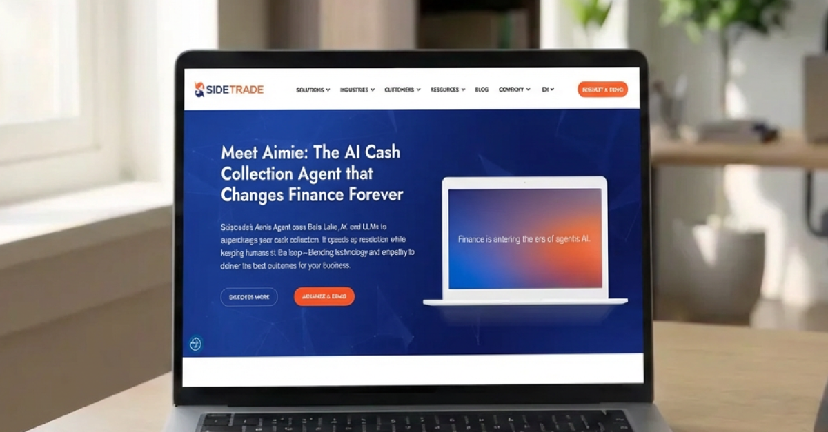 Sidetrade homepage showing Meet Aimie: The AI Cash Collection Agent